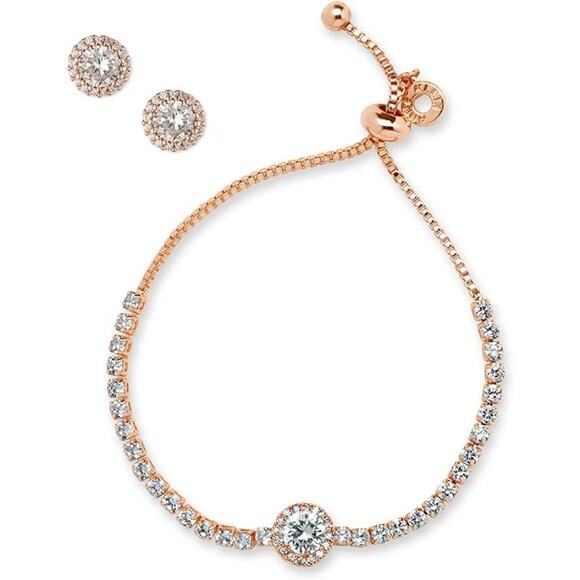 Anne Klein Gold Tone Clear Crystal 8MM Slider Adjustable Bracelet Earring Set - Picture 1 of 1